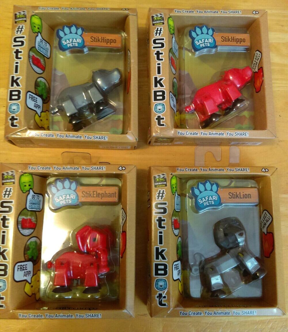 Lot of 4 Zing Safari Pets Stikbots Toys Red Elephant Gray Lion, 2 Red Gray Hippo